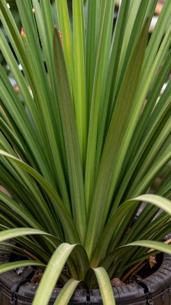 closeup of lomandra blades rising above shingled base