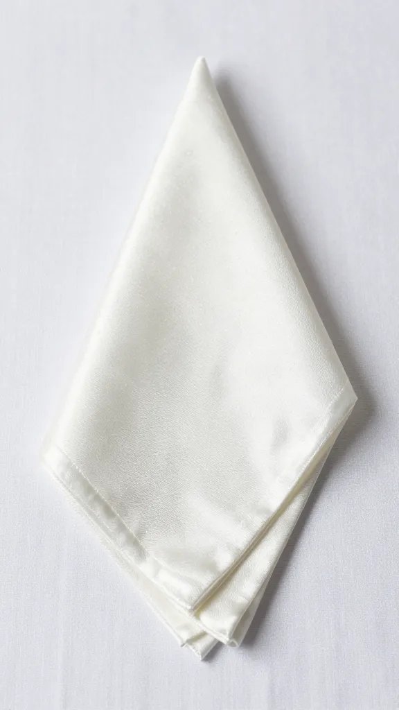 water-spotted satin napkin closeup on white tablecloth