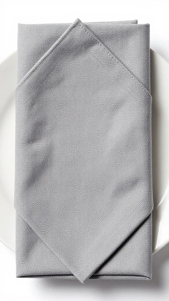 closeup of gray linen diamond-fold napkin on white plate