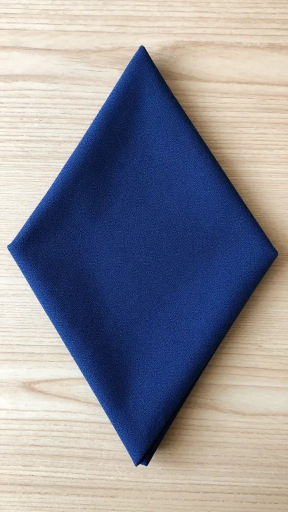 navy diamond-fold napkin on light oak tabletop