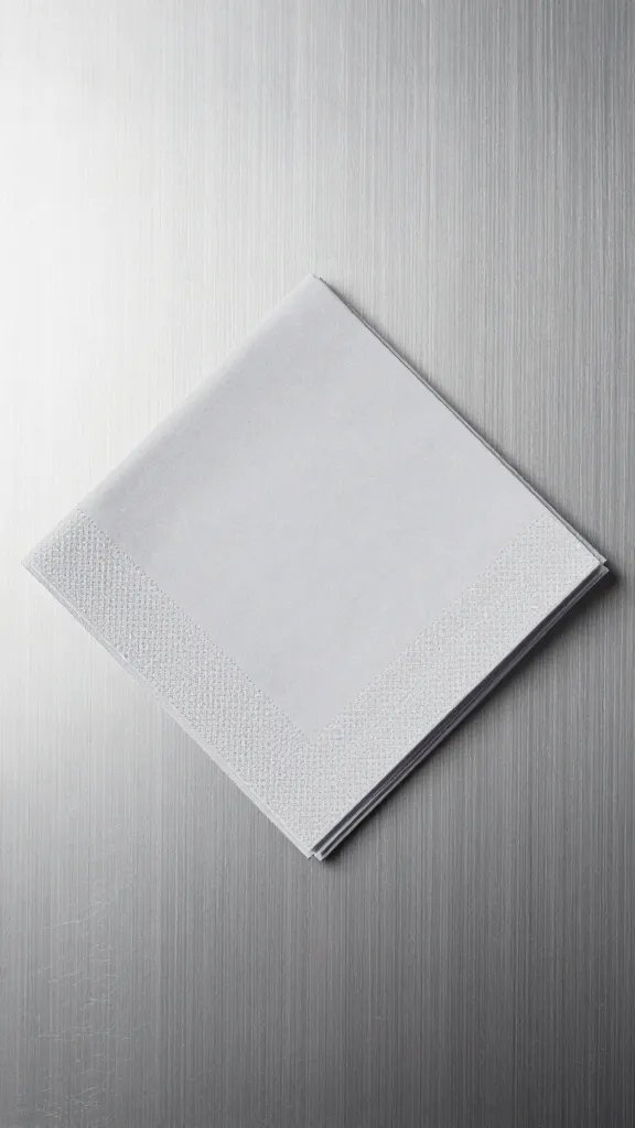 pale gray diamond-fold napkin on brushed steel surface