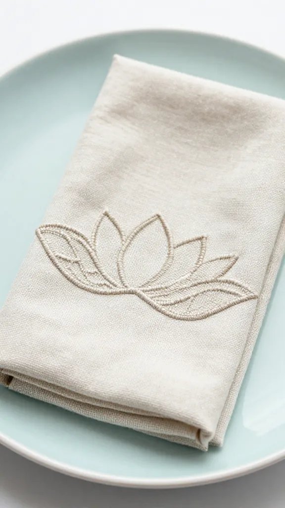 closeup of lotus-folded linen napkin on pastel plate
