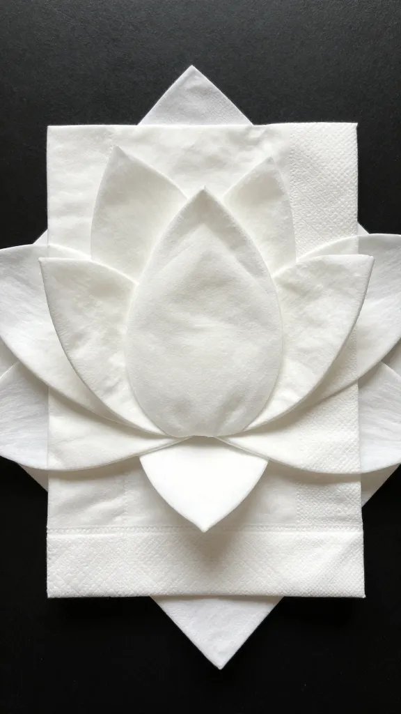 crisp lotus napkin fold with defined petals, overhead shot