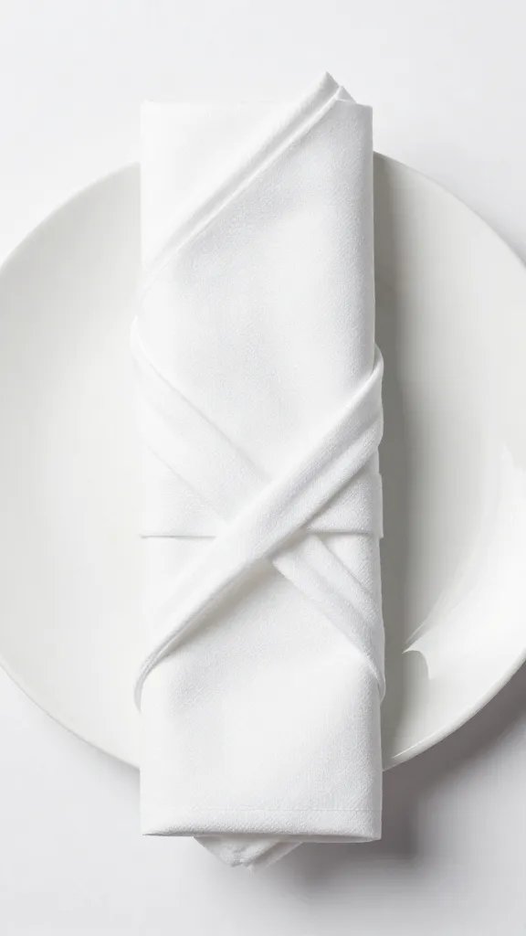 single folded lotus napkin on white dinner plate, top-down