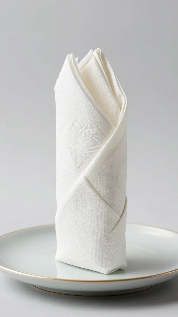 folded lotus napkin standing upright on side plate, profile