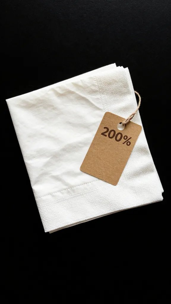 single folded napkin labeled 100% cotton on kraft tag