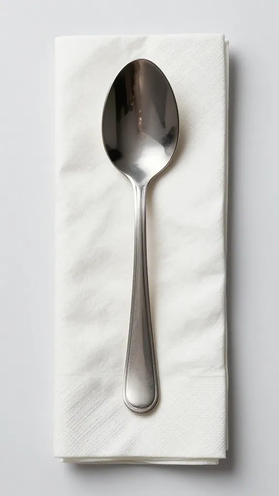 single spoon inside folded napkin sleeve, tip concealed