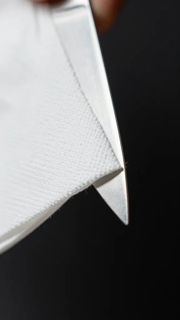 knife tip tucked behind napkin lip, macro shot