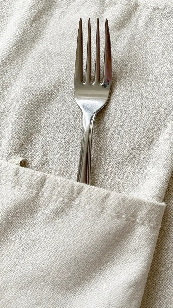 single stainless fork sliding into fabric pouch