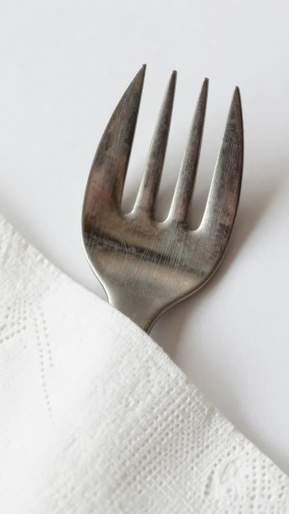 utensil head hidden under napkin flap, tight closeup