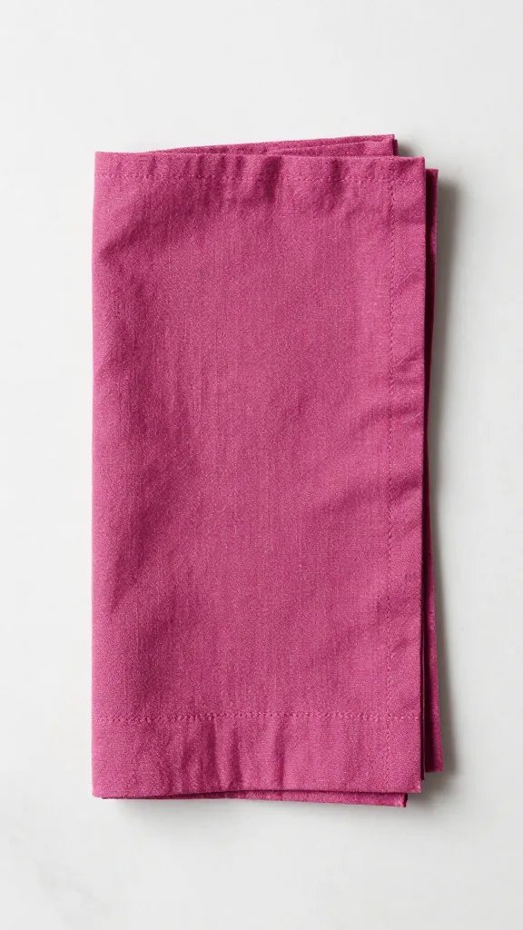 single beet-dyed cotton napkin folded on white marble
