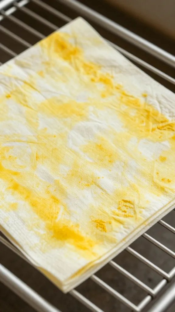 closeup of turmeric-dyed napkin draped over drying rack