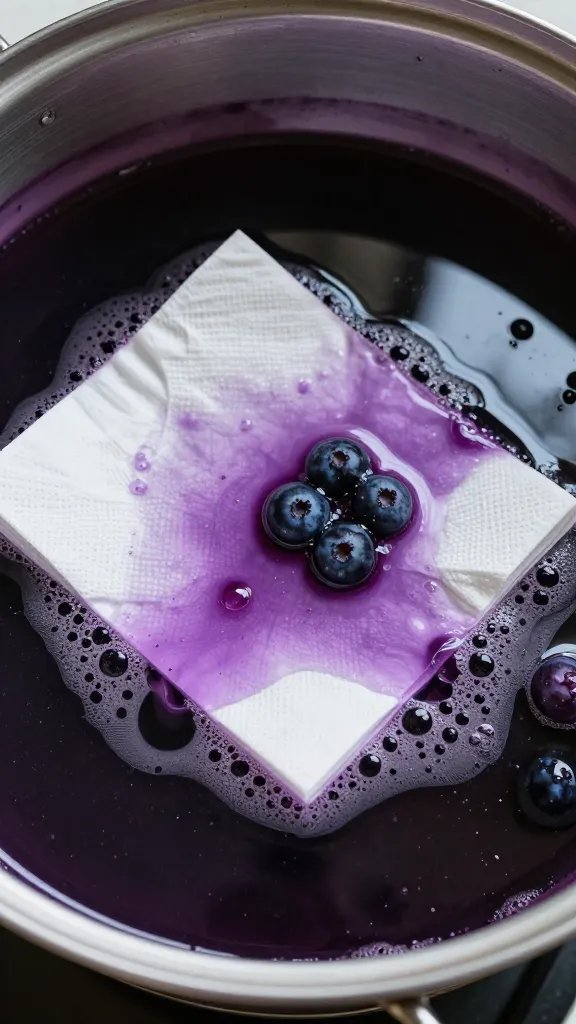 closeup of simmering blueberry dye pot with one napkin