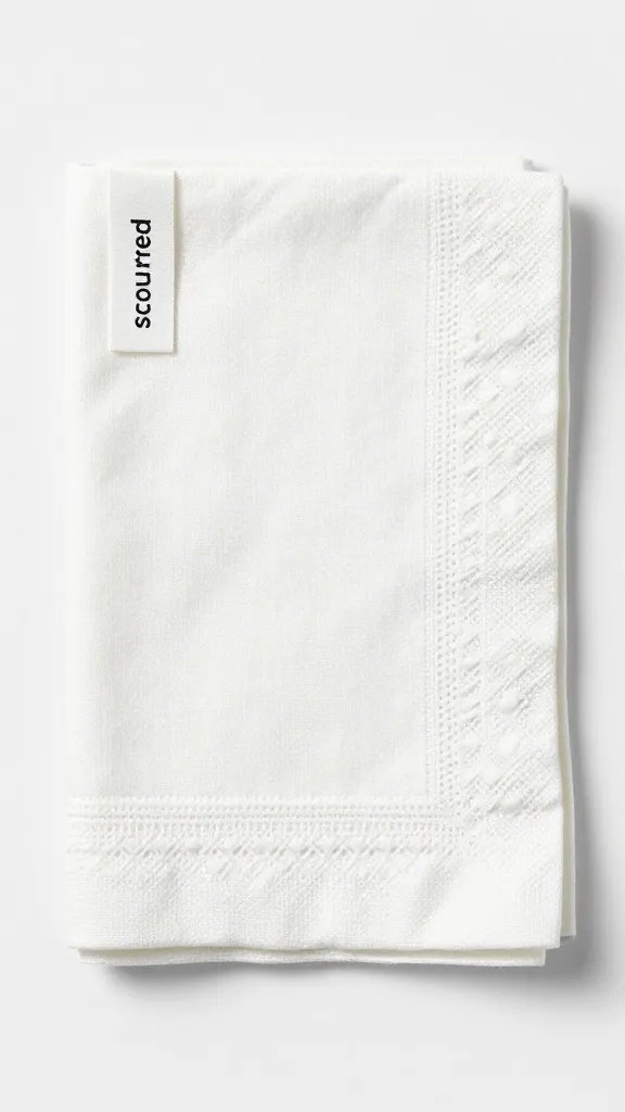 single prewashed cotton napkin labeled “scoured” on tag