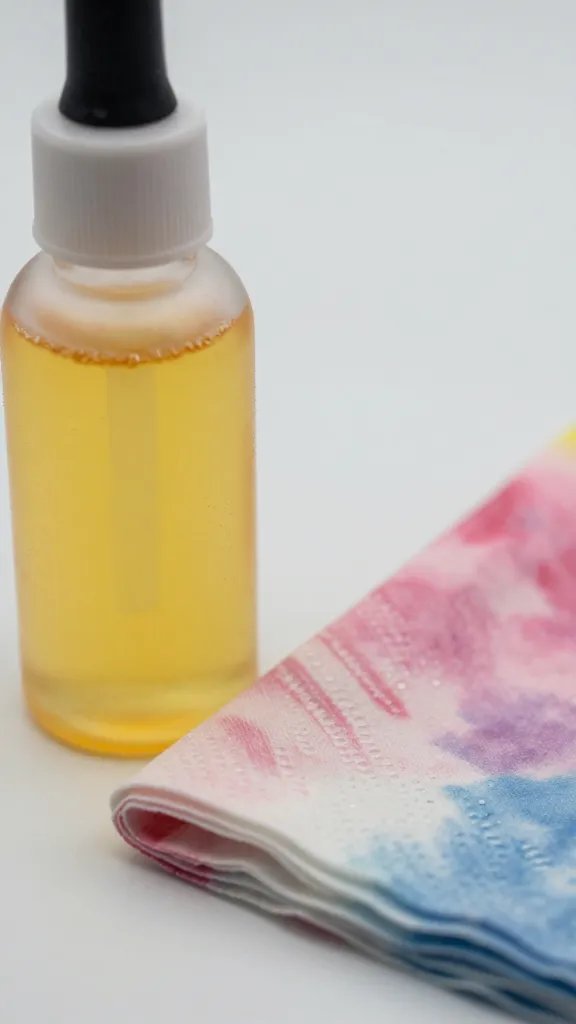 closeup of vinegar fixative bottle next to dyed napkin edge