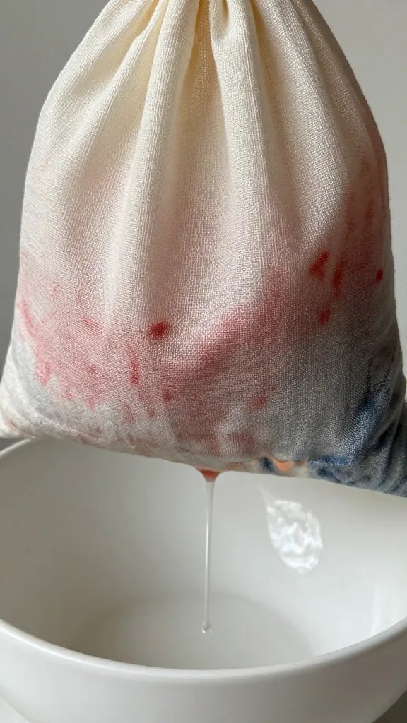 closeup of dye-strained muslin bag dripping over bowl