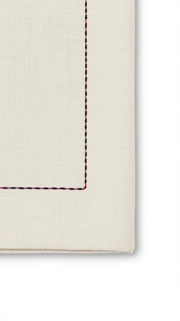closeup of hemstitched linen napkin edge on white background