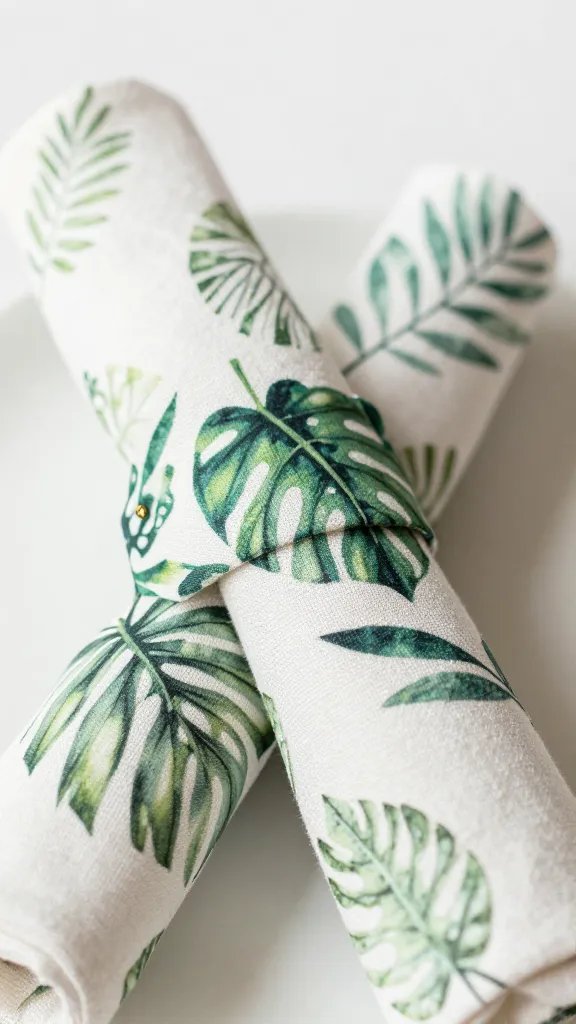 closeup of jungle-leaf printable napkin ring on linen napkin