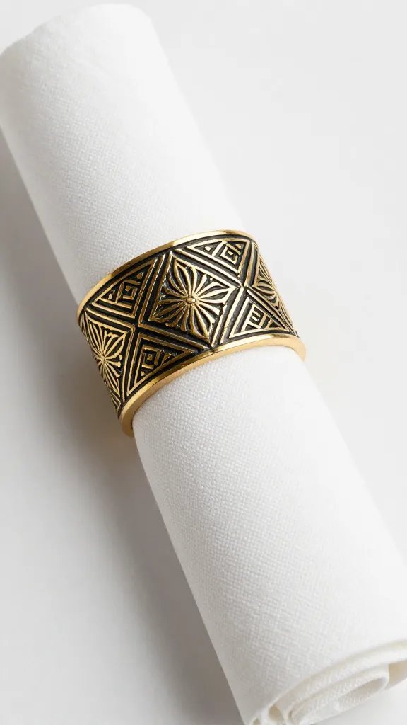 black-and-gold art deco napkin ring wrapped on white napkin