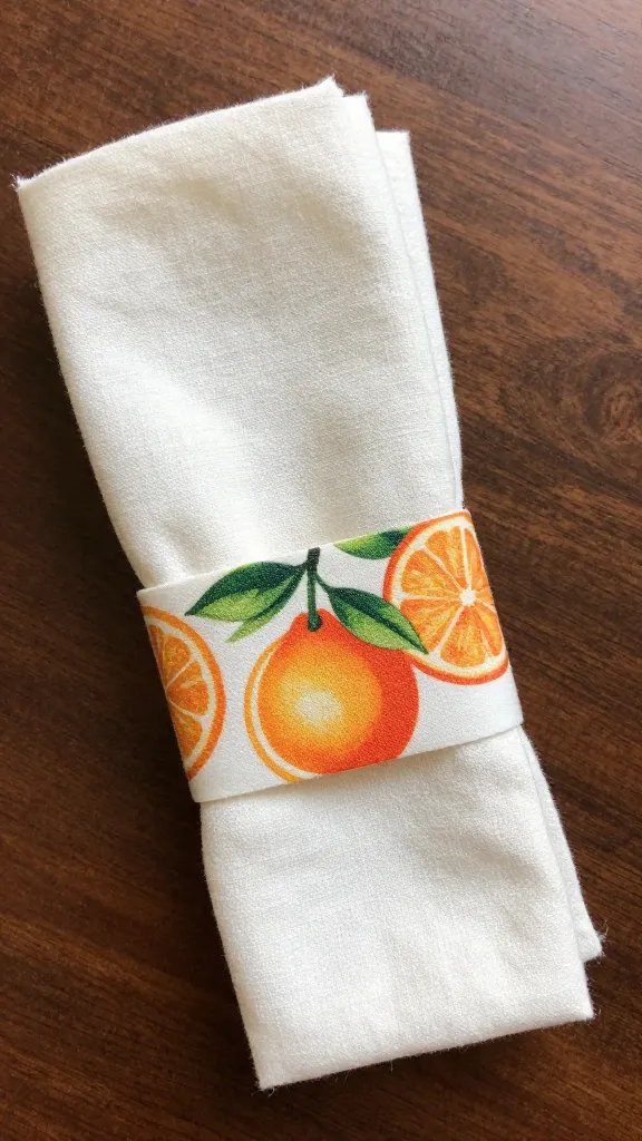 vintage citrus print napkin ring around folded cotton napkin