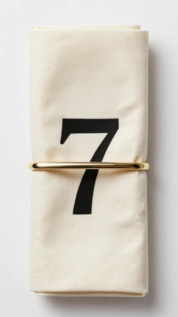 table number “7” napkin ring on textured ivory napkin