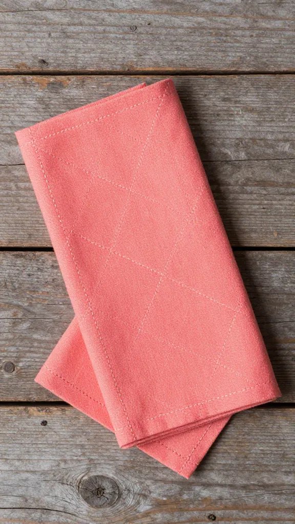 coral cotton pinwheel napkin on rustic wood plank