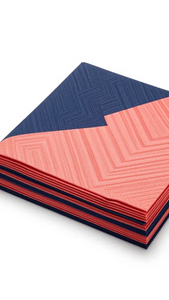 stacked navy over coral pinwheel-fold napkin layers
