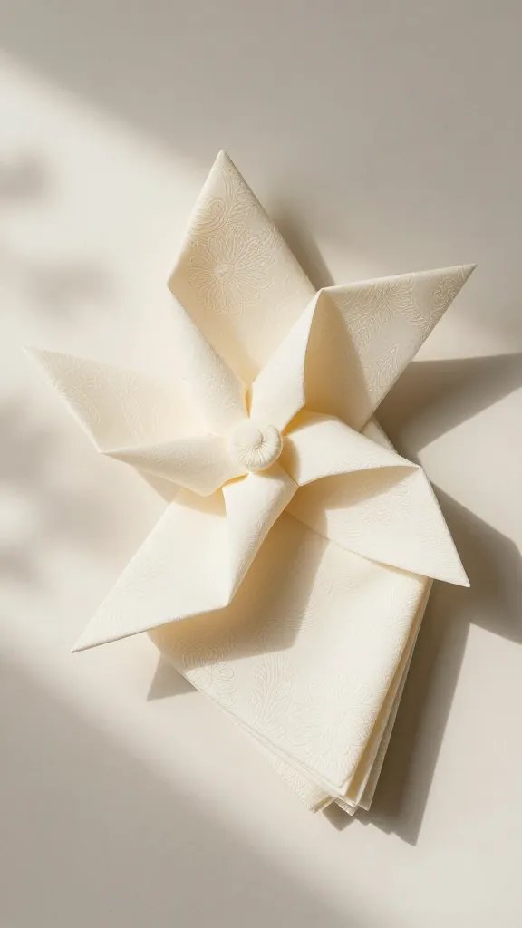 ivory pinwheel-fold napkin under dappled tree light