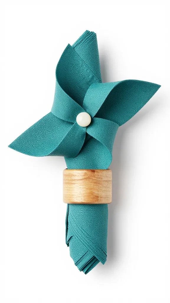 teal pinwheel napkin secured with wooden ring