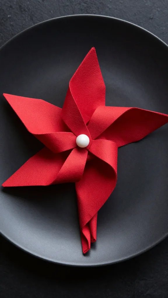 red pinwheel-fold napkin on matte black plate