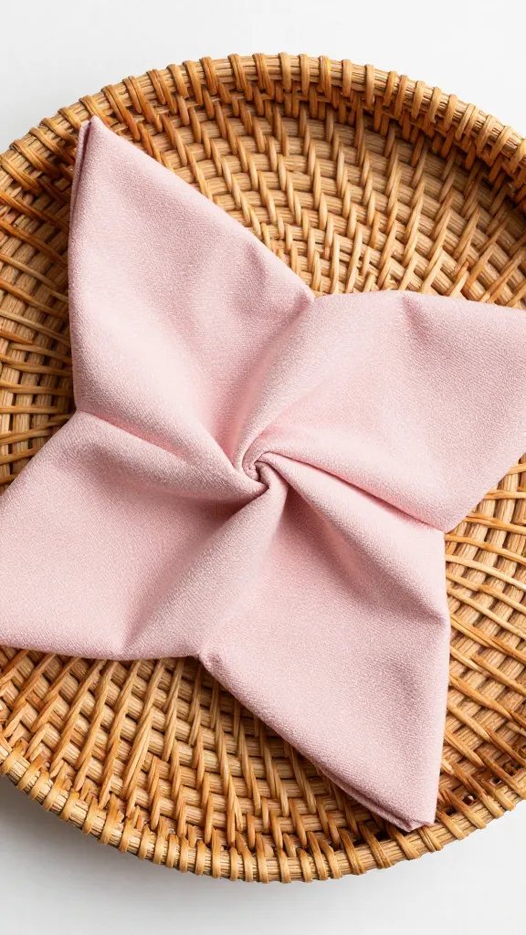 blush pinwheel-fold napkin on woven rattan charger
