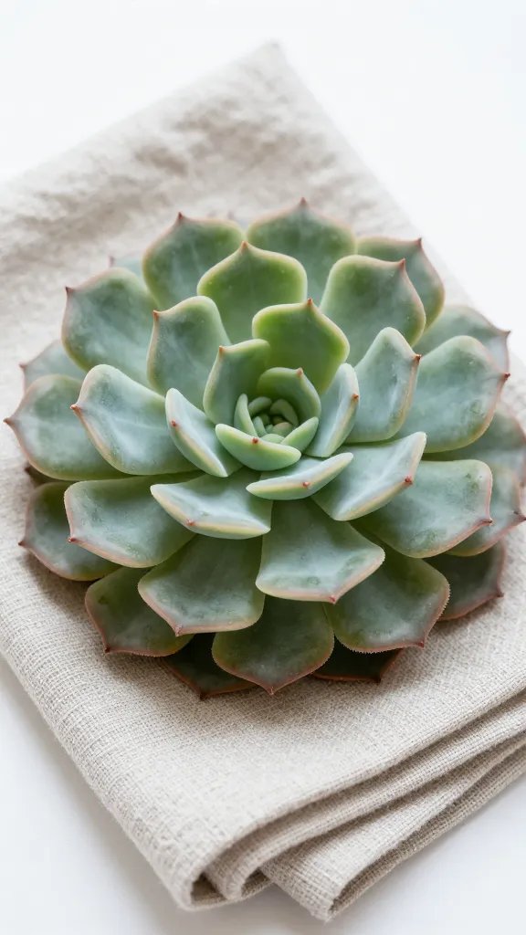 closeup faux echeveria rosette on folded linen napkin