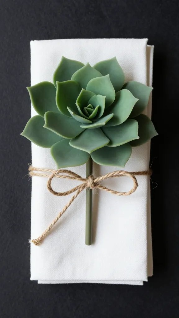 matte faux graptopetalum rosette tied with twine on napkin