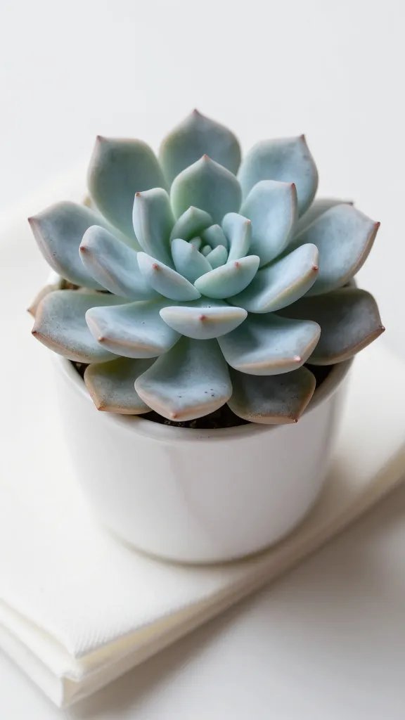 dusty blue faux succulent clipped to napkin ring, macro