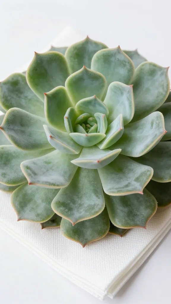 sage green faux echeveria with powdery bloom on napkin