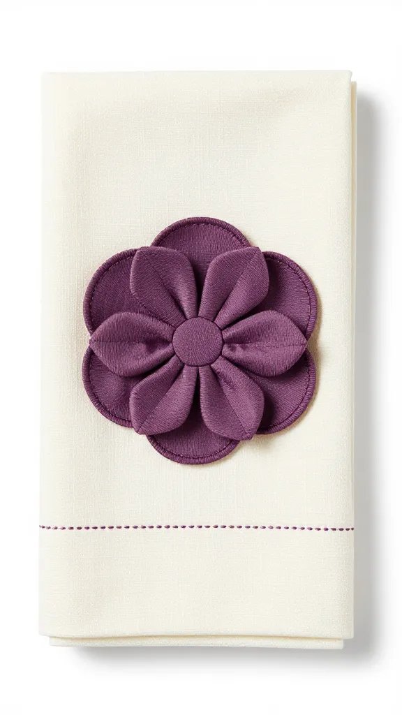 muted purple faux rosette centered on cream hemstitch napkin