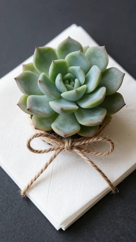 matte faux succulent rosette secured with jute on napkin