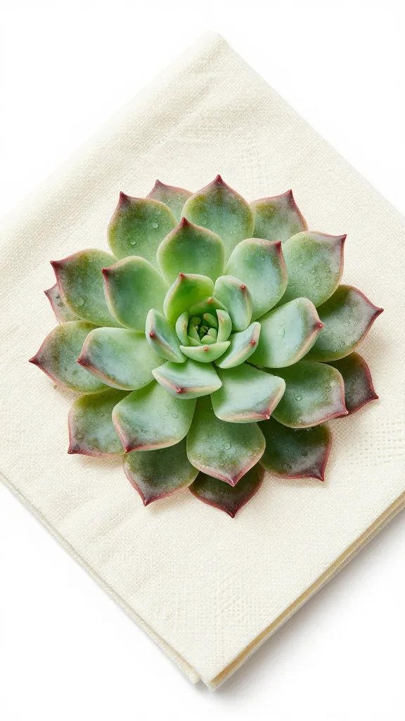 realistic faux succulent rosette on folded canvas napkin