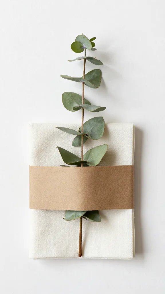 single faux eucalyptus sprig glued to kraft napkin ring