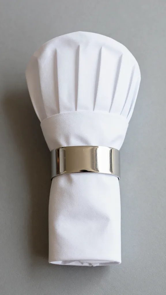chef’s hat fold secured with discreet silver napkin ring