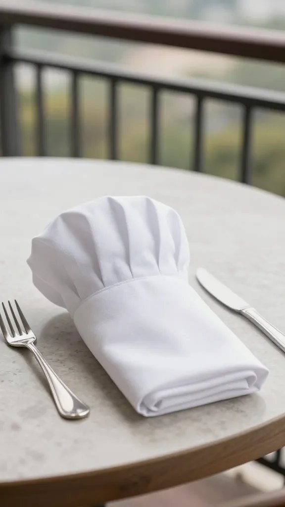 balcony table place setting featuring single chef’s hat napkin