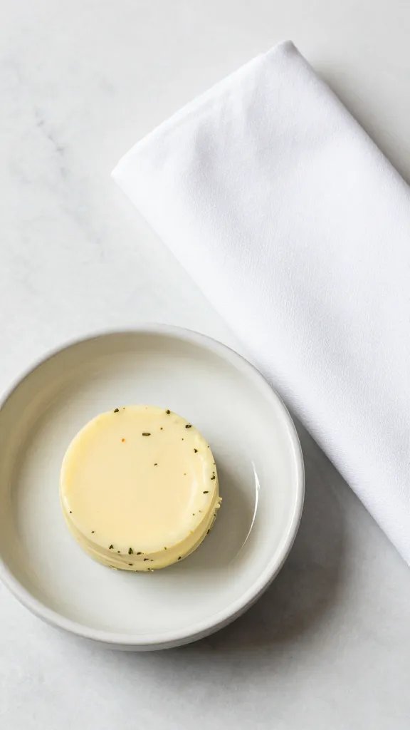 herb-butter dish beside one chef’s hat napkin fold