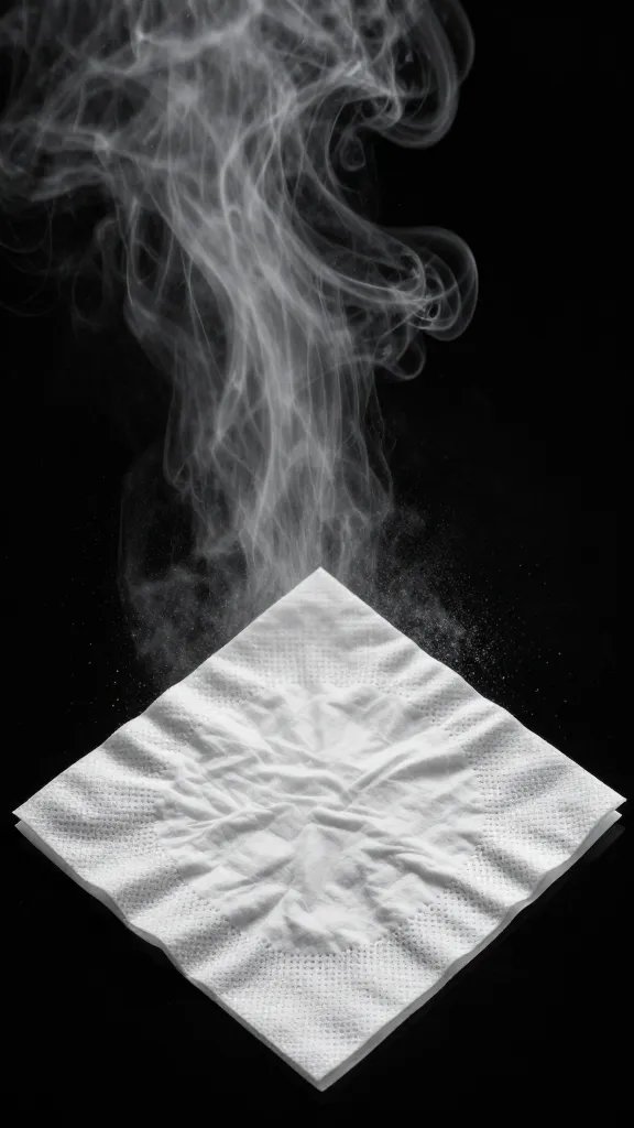 starch spray misting a single cotton napkin, closeup