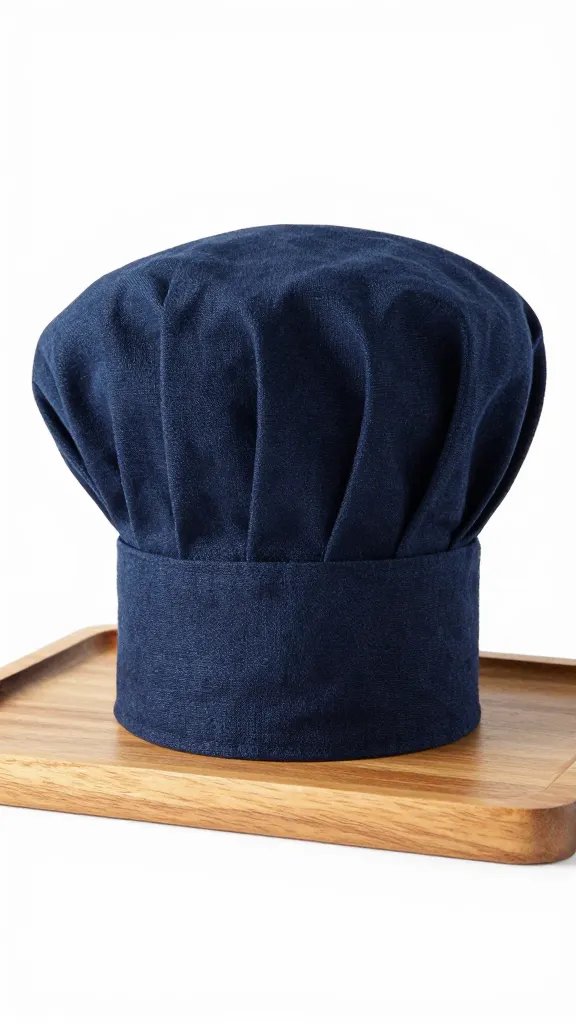 single navy linen chef’s hat fold on wooden charger