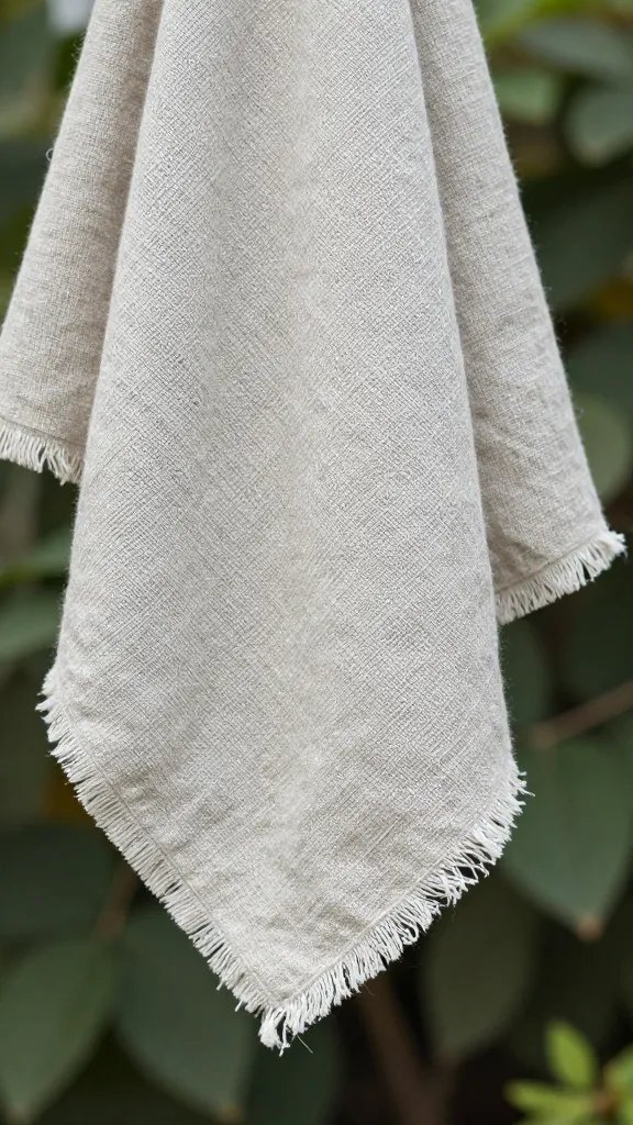 closeup stone-washed linen napkin with frayed edge outdoors