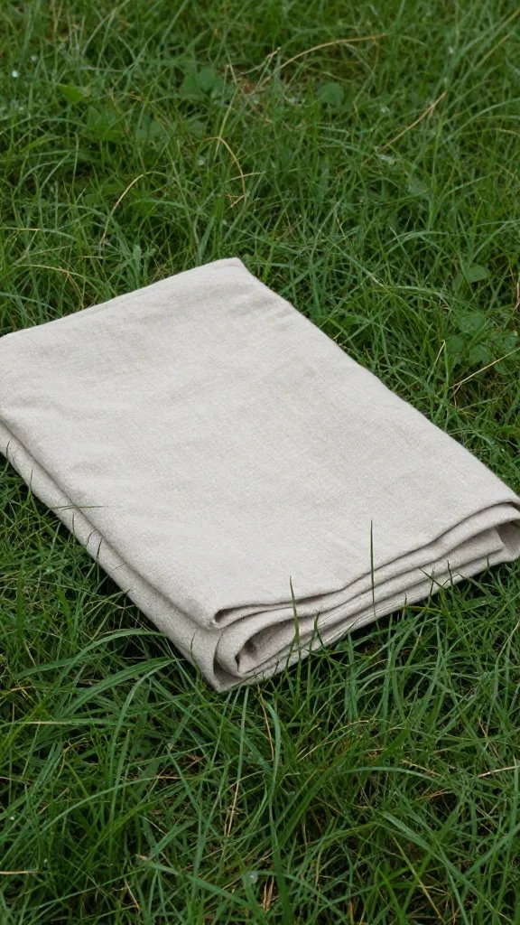 folded stone-washed linen picnic blanket on dewy grass