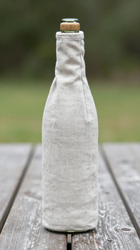 stone-washed linen wine bottle sleeve on picnic table