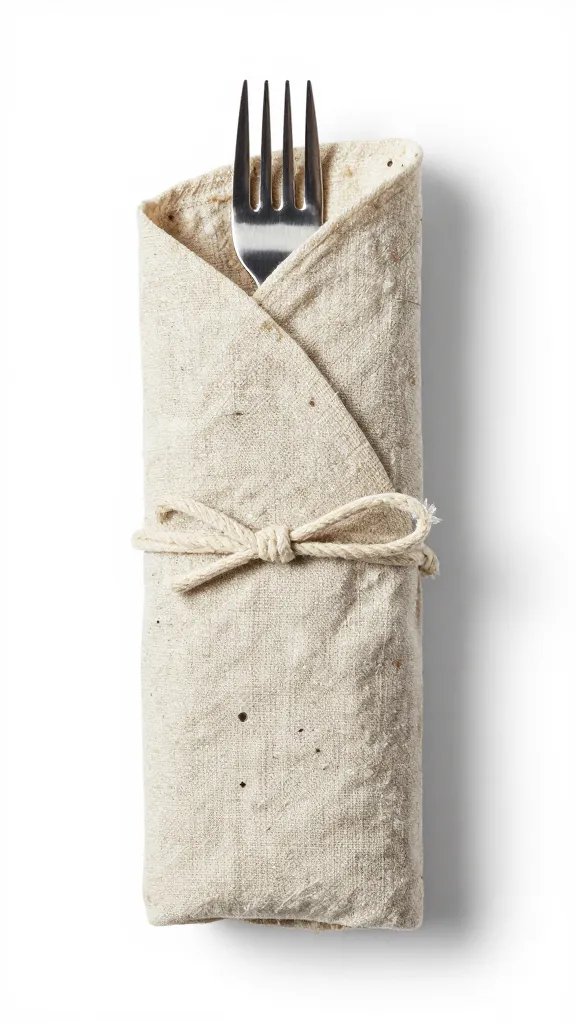 rolled stone-washed linen cutlery wrap with tie