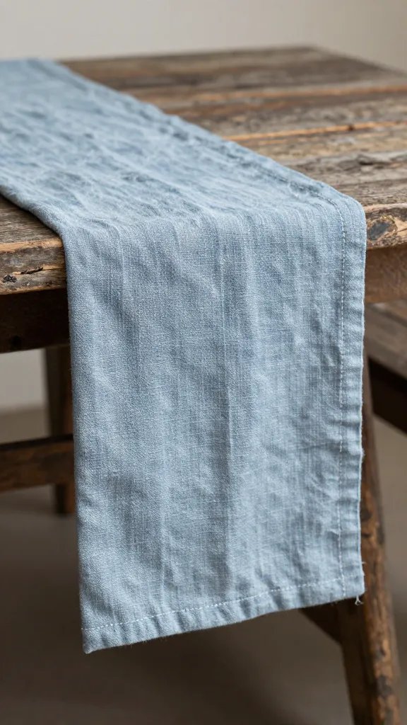 stone-washed linen table runner draped over weathered bench