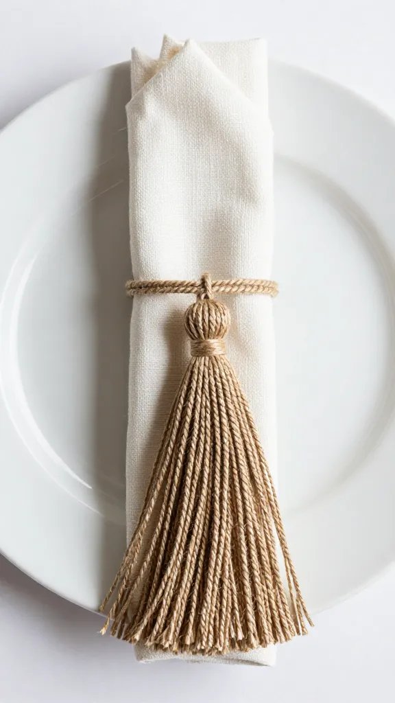single tassel napkin ring with jute tassel on plate